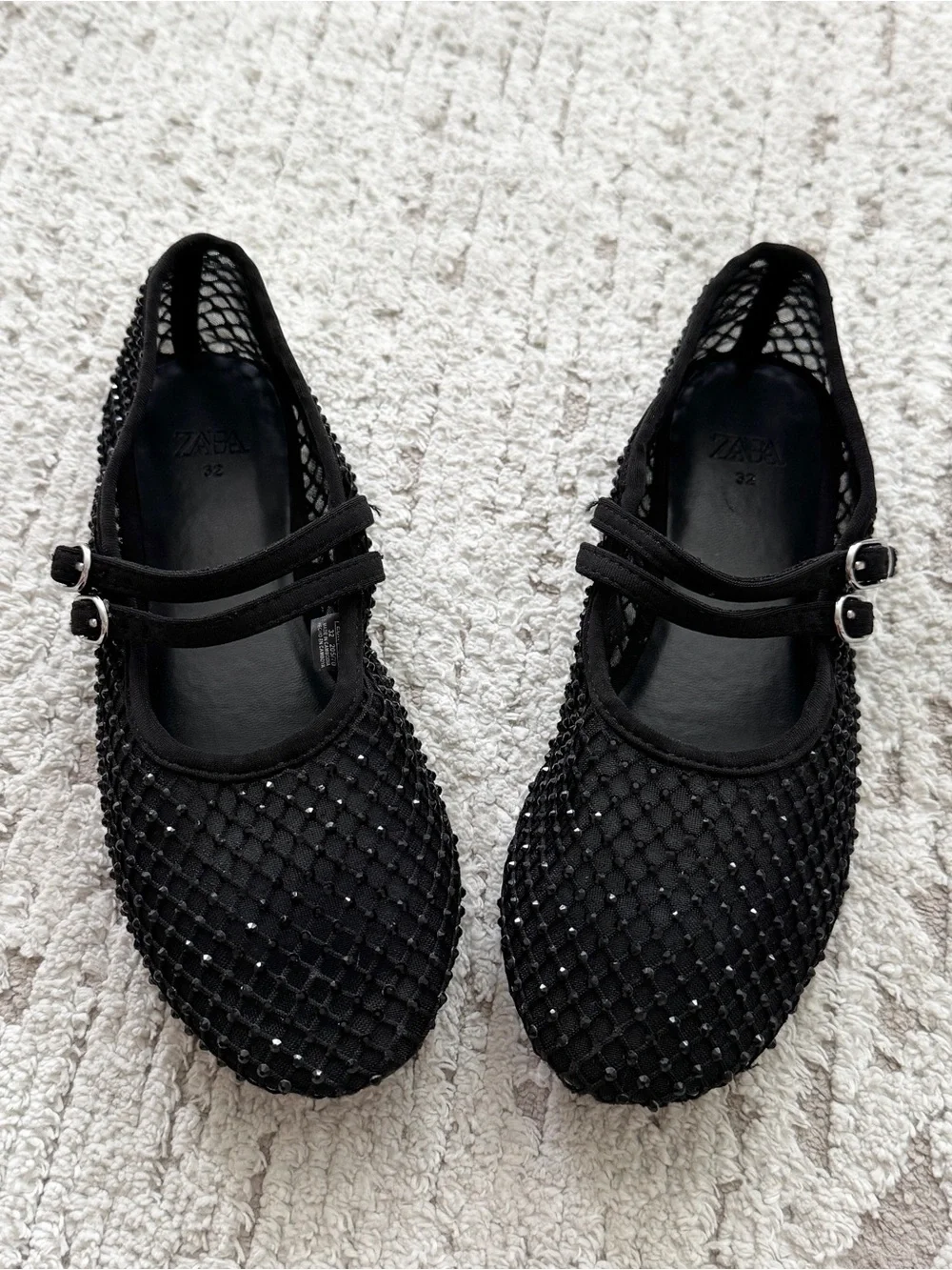 Zara Black Beaded Double-Strap Mary Jane Flats